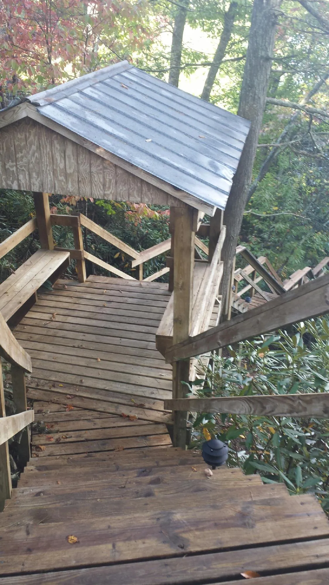 Metal roofed shelter over wooden steps on a wooded walkway — Skylight Repair & Installation work by our crew in Black Diamond